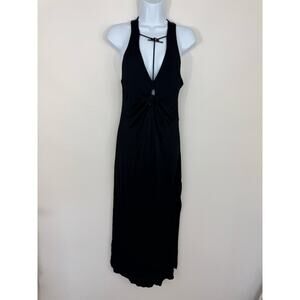 Free People Black Halter Maxi Dress Small Lined Knot Front Cutout Racerback